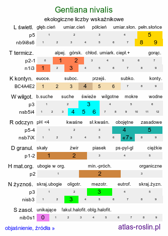 ekologiczne liczby wskaźnikowe Gentiana nivalis (goryczka śniegowa)