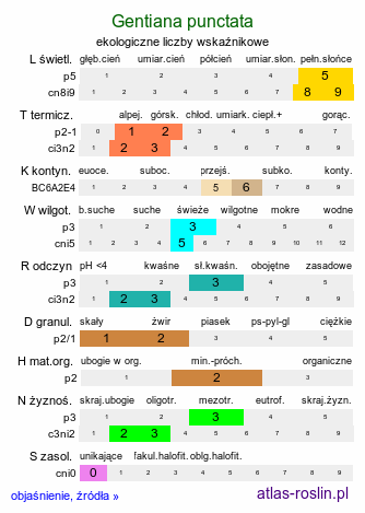 ekologiczne liczby wskaźnikowe Gentiana punctata (goryczka kropkowana)