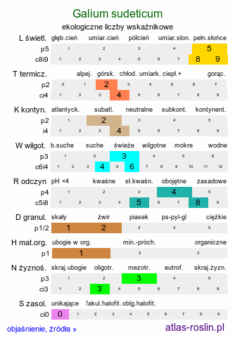 ekologiczne liczby wskaźnikowe Galium sudeticum (przytulia sudecka)