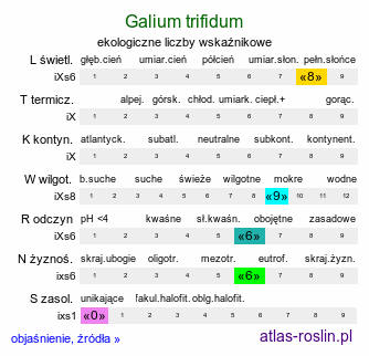 ekologiczne liczby wskaźnikowe Galium trifidum (przytulia trójdzielna)