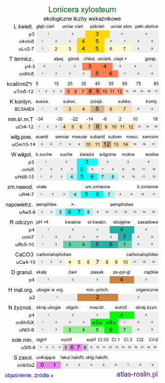 ekologiczne liczby wskaźnikowe Lonicera xylosteum (wiciokrzew pospolity)