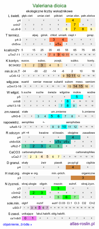 ekologiczne liczby wskaźnikowe Valeriana dioica (kozłek dwupienny)