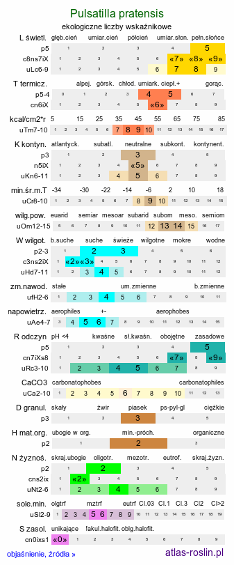 ekologiczne liczby wskaźnikowe Pulsatilla pratensis (sasanka łąkowa)