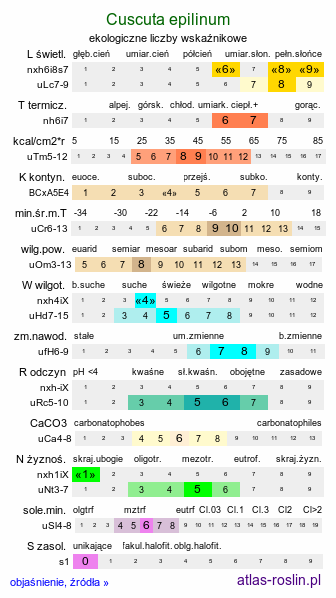 ekologiczne liczby wskaźnikowe Cuscuta epilinum (kanianka lnowa)