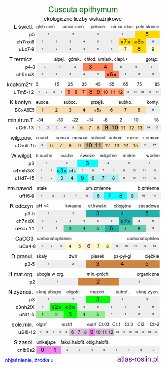 ekologiczne liczby wskaźnikowe Cuscuta epithymum (kanianka macierzankowa)