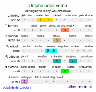 ekologiczne liczby wskaźnikowe Omphalodes verna (ułudka wiosenna)