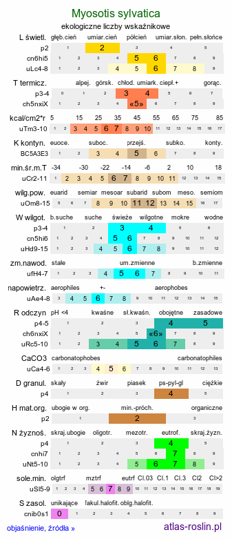 ekologiczne liczby wskaźnikowe Myosotis sylvatica (niezapominajka leśna)