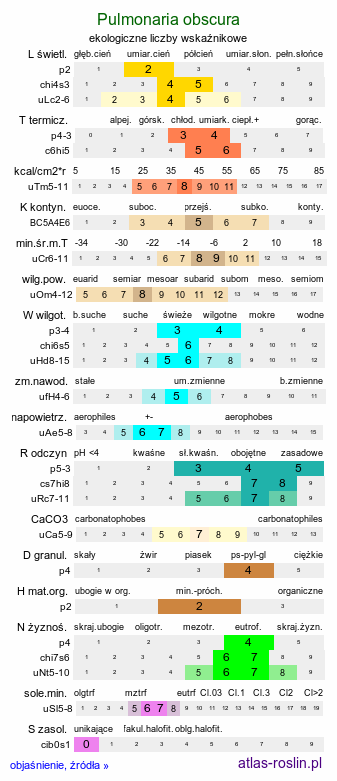 ekologiczne liczby wskaźnikowe Pulmonaria obscura (miodunka ćma)