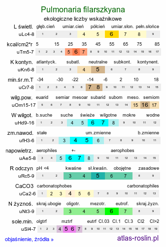 ekologiczne liczby wskaźnikowe Pulmonaria filarszkyana