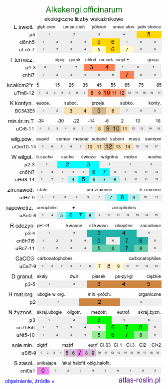 ekologiczne liczby wskaźnikowe Alkekengi officinarum (miechunka rozdęta)