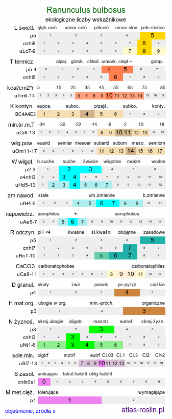 ekologiczne liczby wskaźnikowe Ranunculus bulbosus (jaskier bulwkowy)