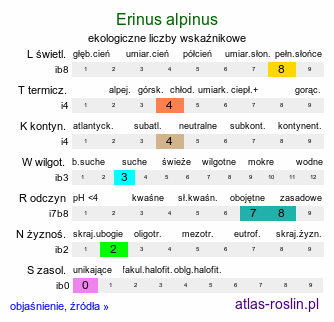 ekologiczne liczby wskaźnikowe Erinus alpinus (erynus alpejski)