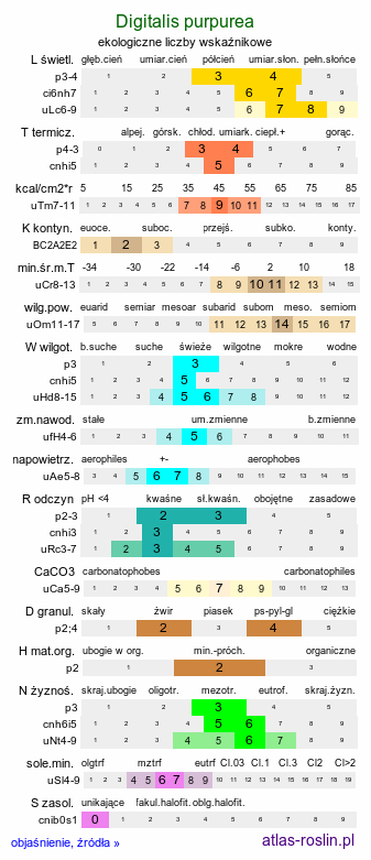 ekologiczne liczby wskaźnikowe Digitalis purpurea (naparstnica pupurowa)