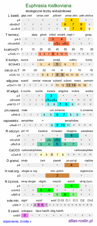 ekologiczne liczby wskaźnikowe Euphrasia rostkoviana (świetlik łąkowy)