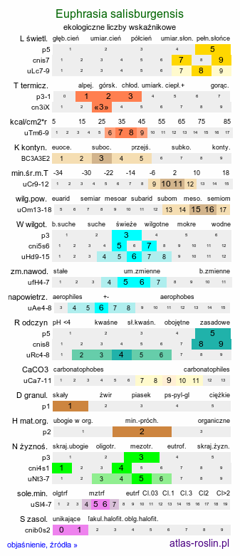 ekologiczne liczby wskaźnikowe Euphrasia salisburgensis (świetlik salzburski)