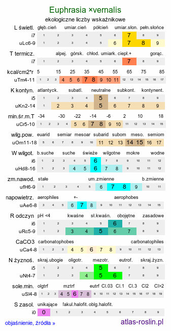 ekologiczne liczby wskaźnikowe Euphrasia ×vernalis (świetlik wiosenny)