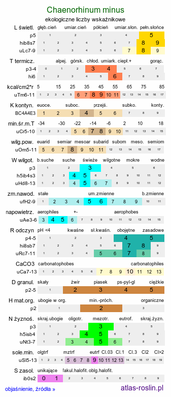 ekologiczne liczby wskaźnikowe Chaenorhinum minus (lniczka mała)