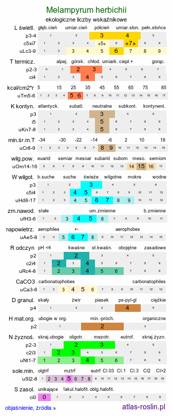 ekologiczne liczby wskaźnikowe Melampyrum herbichii (pszeniec Herbicha)