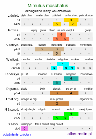 ekologiczne liczby wskaźnikowe Mimulus moschatus (kroplik piżmowy)