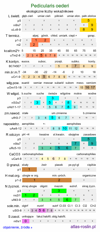 ekologiczne liczby wskaźnikowe Pedicularis oederi (gnidosz dwubarwny)