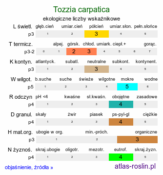 ekologiczne liczby wskaźnikowe Tozzia alpina ssp. carpatica (tocja karpacka)