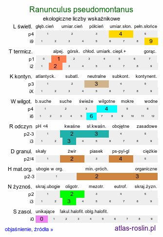 ekologiczne liczby wskaźnikowe Ranunculus pseudomontanus (jaskier halny)