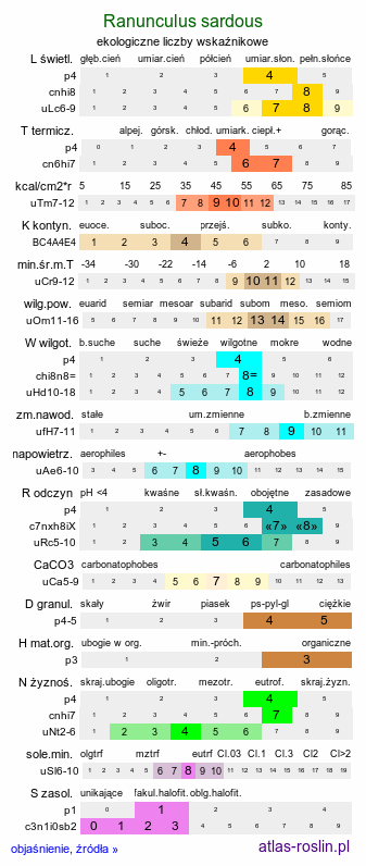 ekologiczne liczby wskaźnikowe Ranunculus sardous (jaskier sardyński)