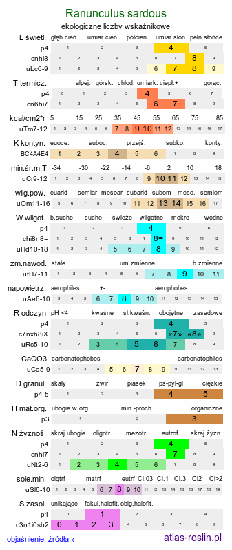 ekologiczne liczby wskaźnikowe Ranunculus sardous (jaskier sardyński)