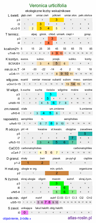ekologiczne liczby wskaźnikowe Veronica urticifolia (przetacznik pokrzywolistny)