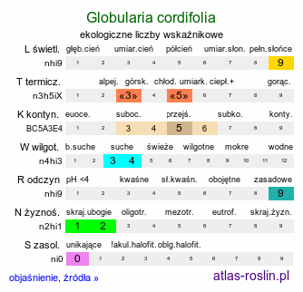 ekologiczne liczby wskaźnikowe Globularia cordifolia (kulnik sercolistny)