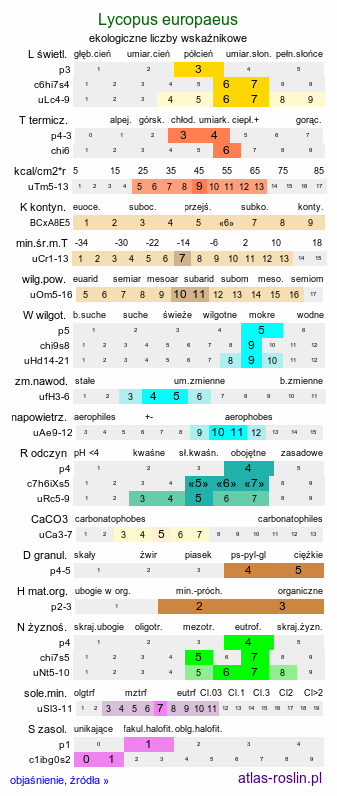 ekologiczne liczby wskaźnikowe Lycopus europaeus (karbieniec pospolity)