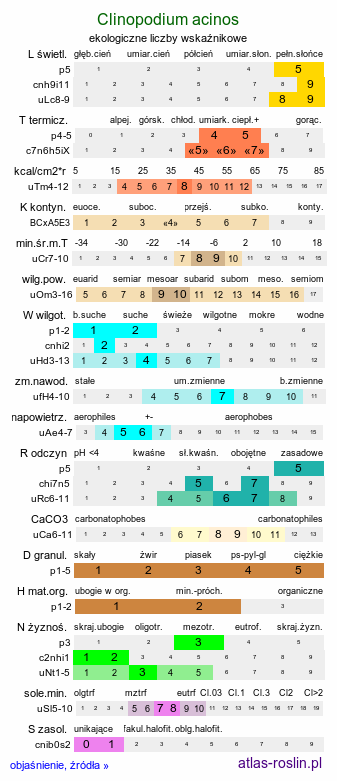 ekologiczne liczby wskaźnikowe Clinopodium acinos (czyścica drobnokwiatowa)