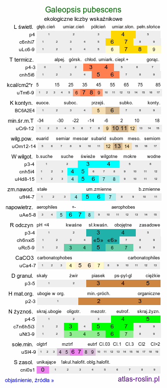 ekologiczne liczby wskaźnikowe Galeopsis pubescens (poziewnik miękkowłosy)
