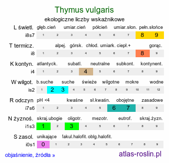 ekologiczne liczby wskaźnikowe Thymus vulgaris (macierzanka tymianek)