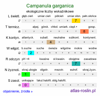 ekologiczne liczby wskaźnikowe Campanula garganica (dzwonek gargański)