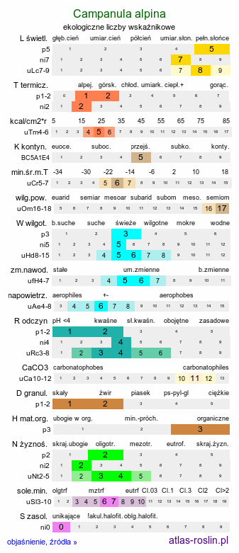 ekologiczne liczby wskaźnikowe Campanula alpina (dzwonek alpejski)