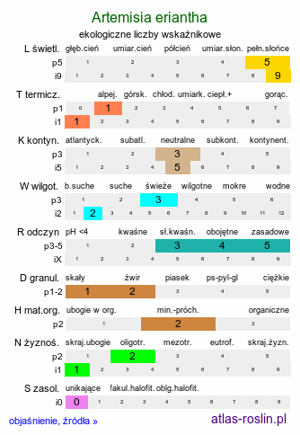 ekologiczne liczby wskaźnikowe Artemisia eriantha (bylica skalna)