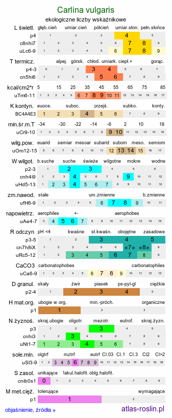 ekologiczne liczby wskaźnikowe Carlina vulgaris (dziewięćsił pospolity)