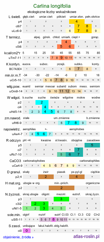 ekologiczne liczby wskaźnikowe Carlina longifolia (dziewięćsił długolistny)