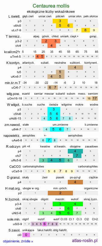 ekologiczne liczby wskaźnikowe Centaurea mollis (chaber miękkowłosy)