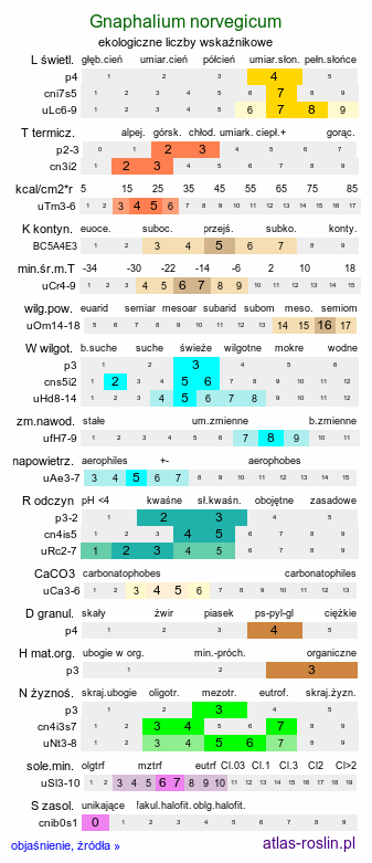 ekologiczne liczby wskaźnikowe Gnaphalium norvegicum (szarota norweska)