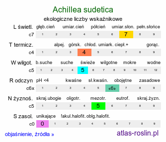 ekologiczne liczby wskaźnikowe Achillea sudetica (krwawnik sudecki)