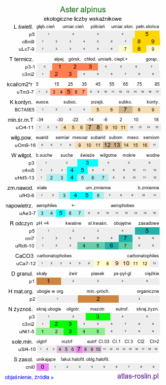 ekologiczne liczby wskaźnikowe Aster alpinus (aster alpejski)