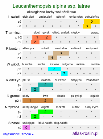 ekologiczne liczby wskaźnikowe Leucanthemopsis alpina ssp. tatrae (złocieniec alpejski tatrzański)