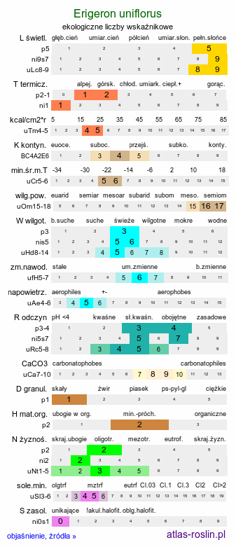 ekologiczne liczby wskaźnikowe Erigeron uniflorus (przymiotno jednokoszyczkowe)