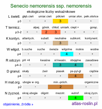 ekologiczne liczby wskaźnikowe Senecio nemorensis ssp. nemorensis (starzec gajowy typowy)