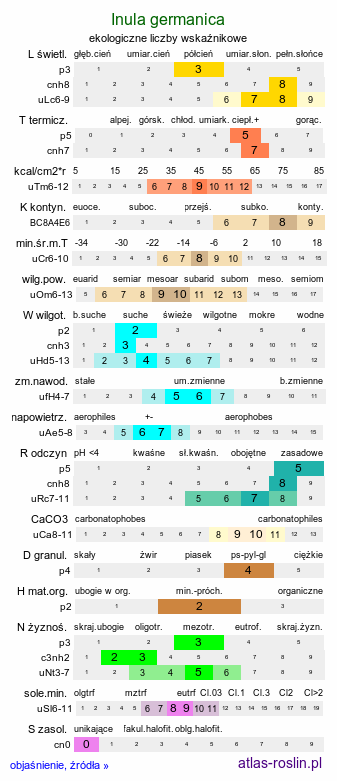ekologiczne liczby wskaźnikowe Inula germanica (oman niemiecki)