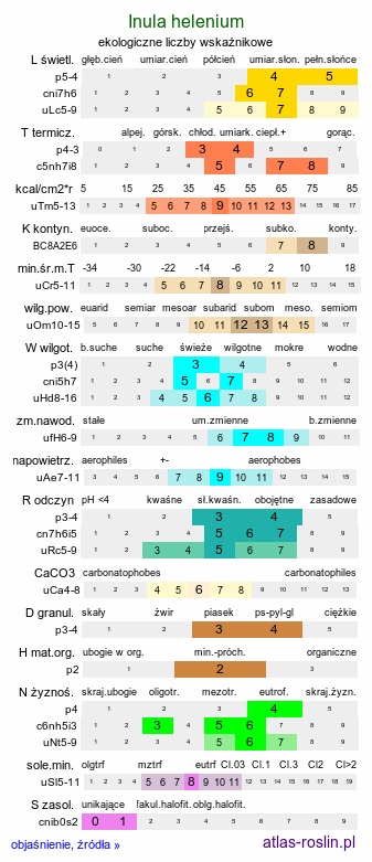 ekologiczne liczby wskaźnikowe Inula helenium (oman wielki)