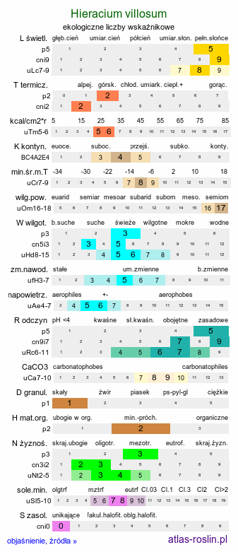 ekologiczne liczby wskaźnikowe Hieracium villosum (jastrzębiec kosmaty)