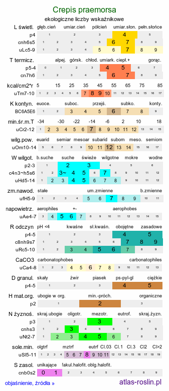 ekologiczne liczby wskaźnikowe Crepis praemorsa (pępawa różyczkolistna)